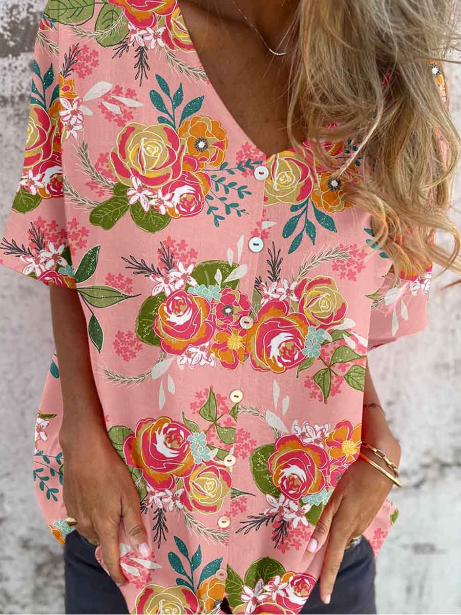 Haut élégant en coton et lin à motif floral pour femme