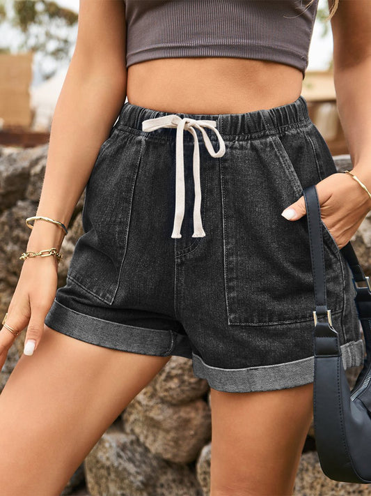 Short en jean décontracté à lacets et taille élastique pour femme
