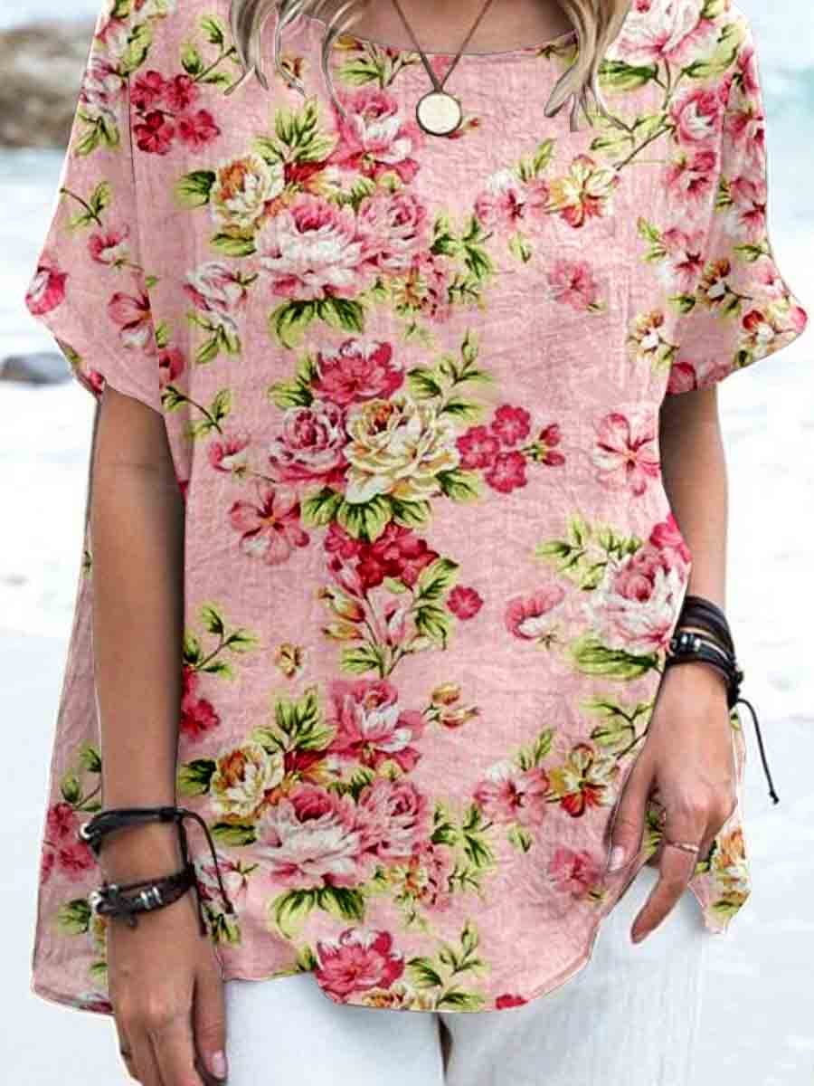 Haut élégant en lin à imprimé floral rose vintage pour femme
