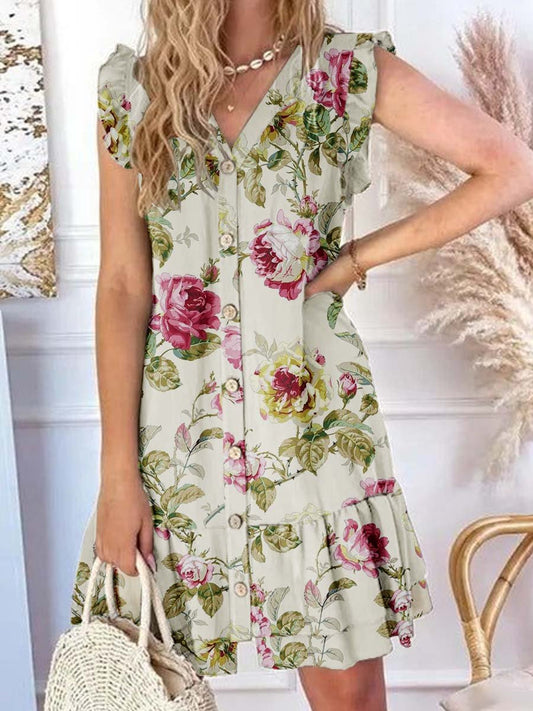 Robe élégante à motif floral rose pour femme avec ourlet à volants et manches