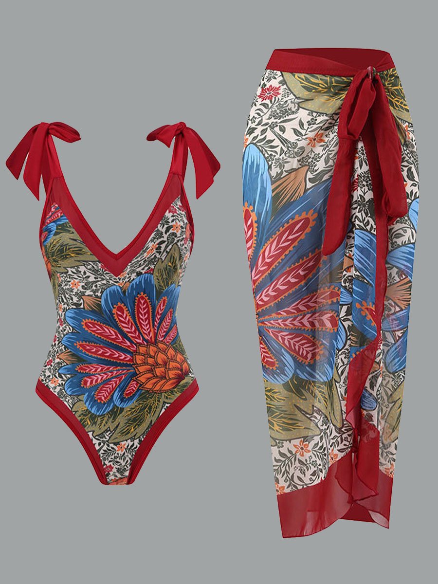 Jupe longue en mousseline de soie à imprimé rétro pour maillot de bain pour femme