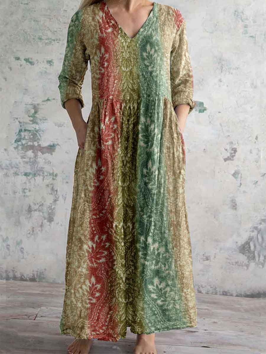 Robe élégante en coton et lin à col en V et imprimé géométrique bohème pour femme