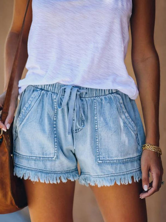 Short en jean décontracté à taille élastique et cordon de serrage pour femme