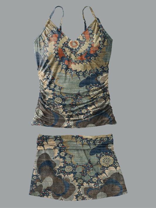 Maillot de bain à col en V avec jupe à bretelles et imprimé floral vintage