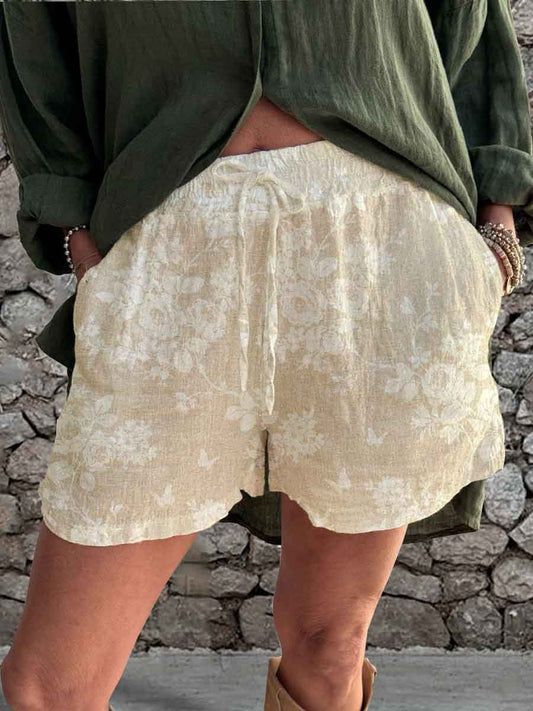Short d'été élégant à bretelles en lin à fleurs simples pour femmes