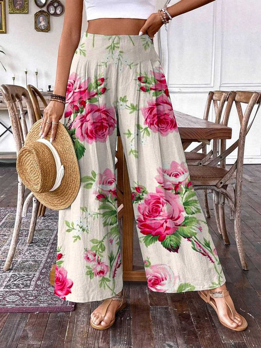 Pantalon en coton et lin à motif floral rose pour femme