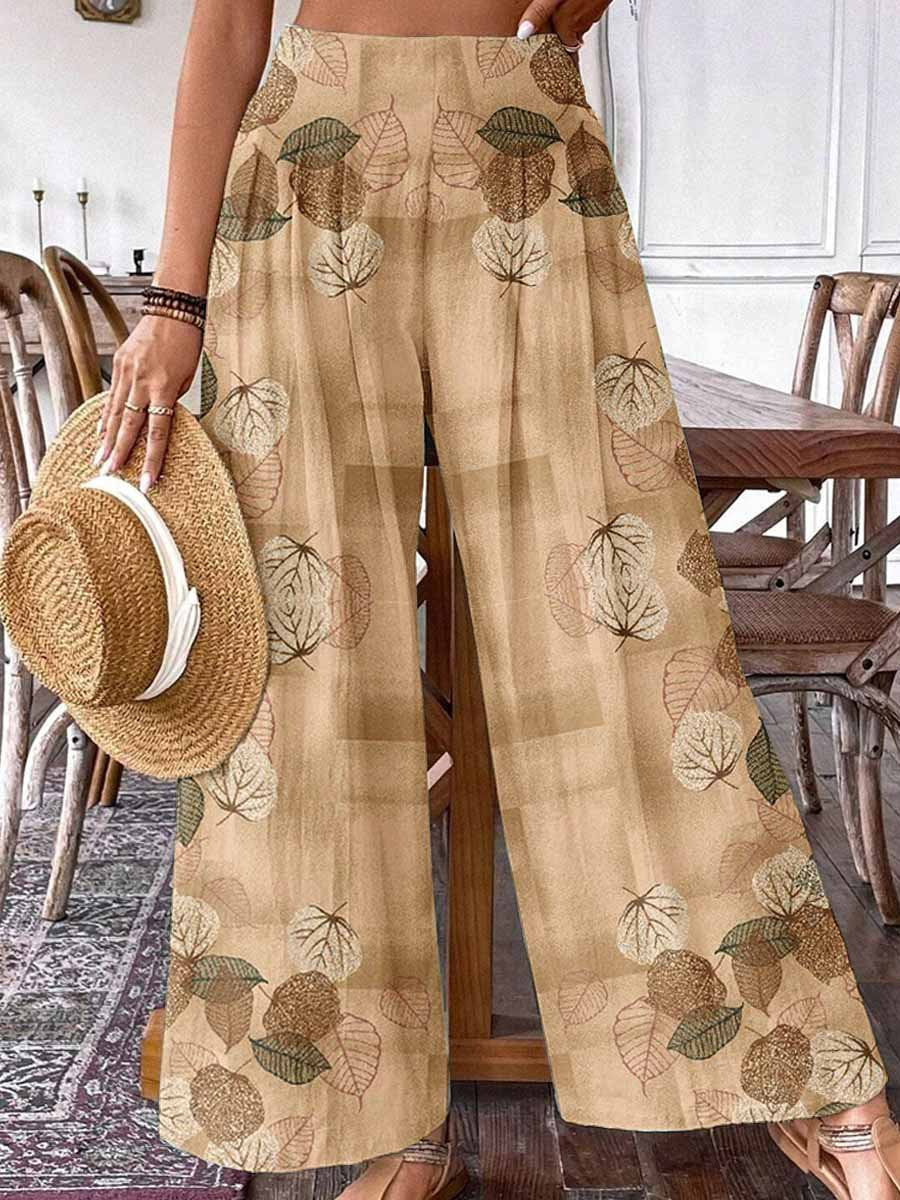 Women's Vintage Leaf Print Pattern Cotton Wide Leg Pants