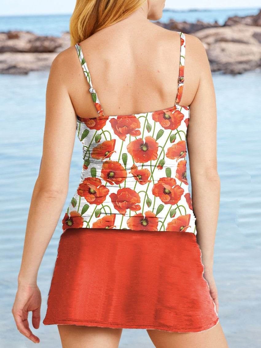 Maillot de bain tankini à col en V avec jupe à bretelles et imprimé coquelicot rouge continu