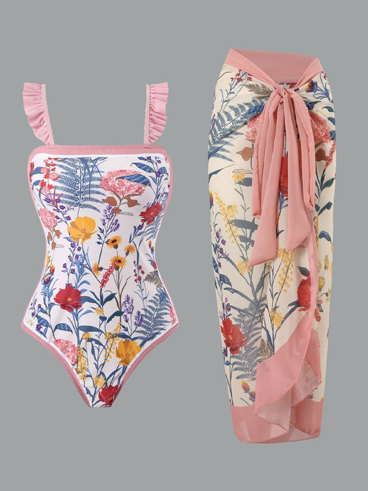 Jupe longue en mousseline de soie à imprimé rétro pour maillot de bain pour femme