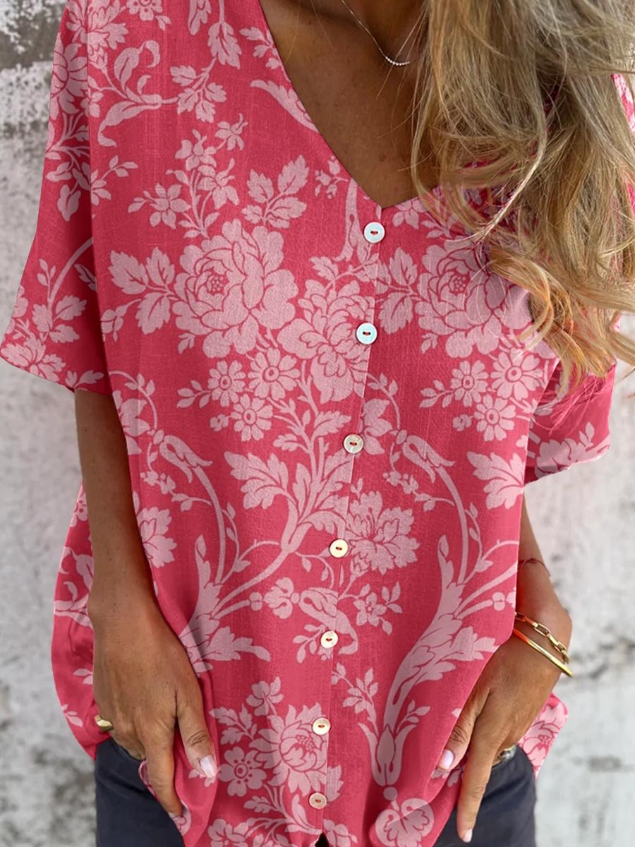 Cardigan élégant à col en V et motif floral simple pour femme en coton et lin