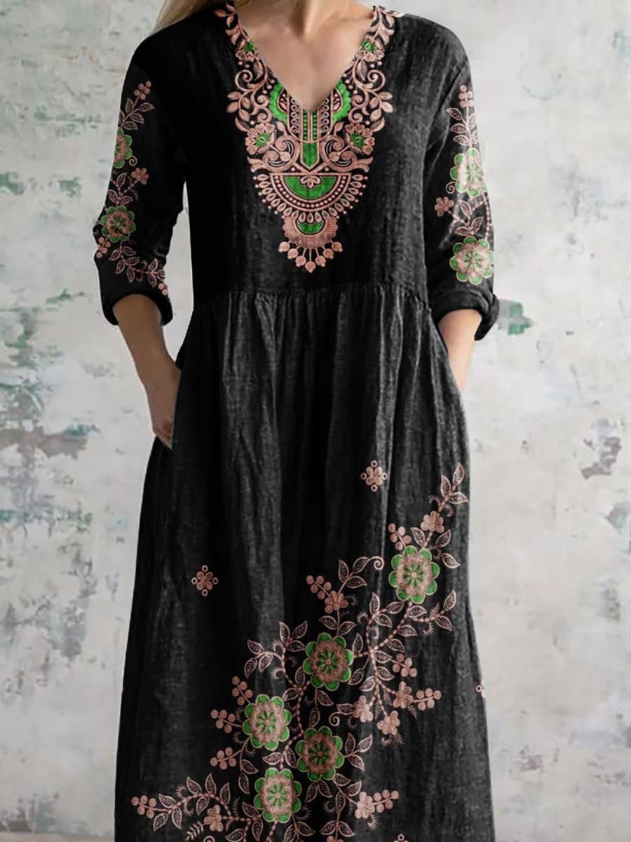 Robe à col en V et à motifs floraux pour femme avec poches
