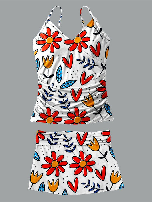 Maillot de bain tankini à col en V et imprimé floral pour femme