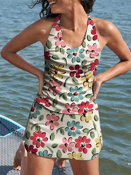 Maillot de bain tankini à col rond et dos nageur avec jupe à imprimé floral mignon