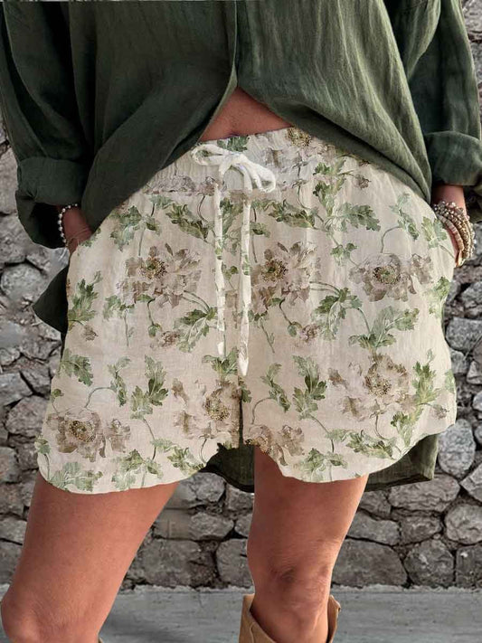 Short d'été élégant à bretelles en lin à imprimé floral simple pour femme