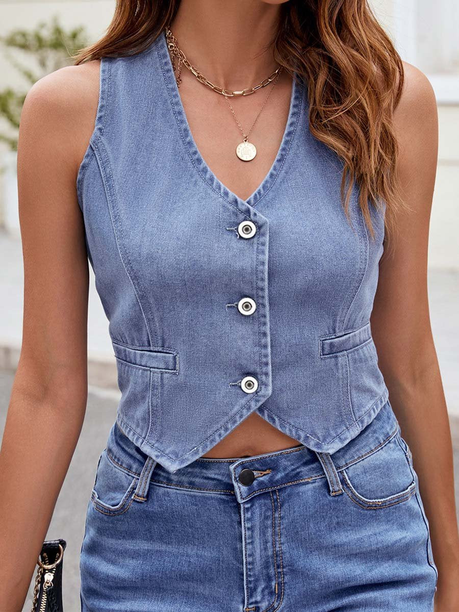 Gilet court en jean délavé pour femme, tendance, été