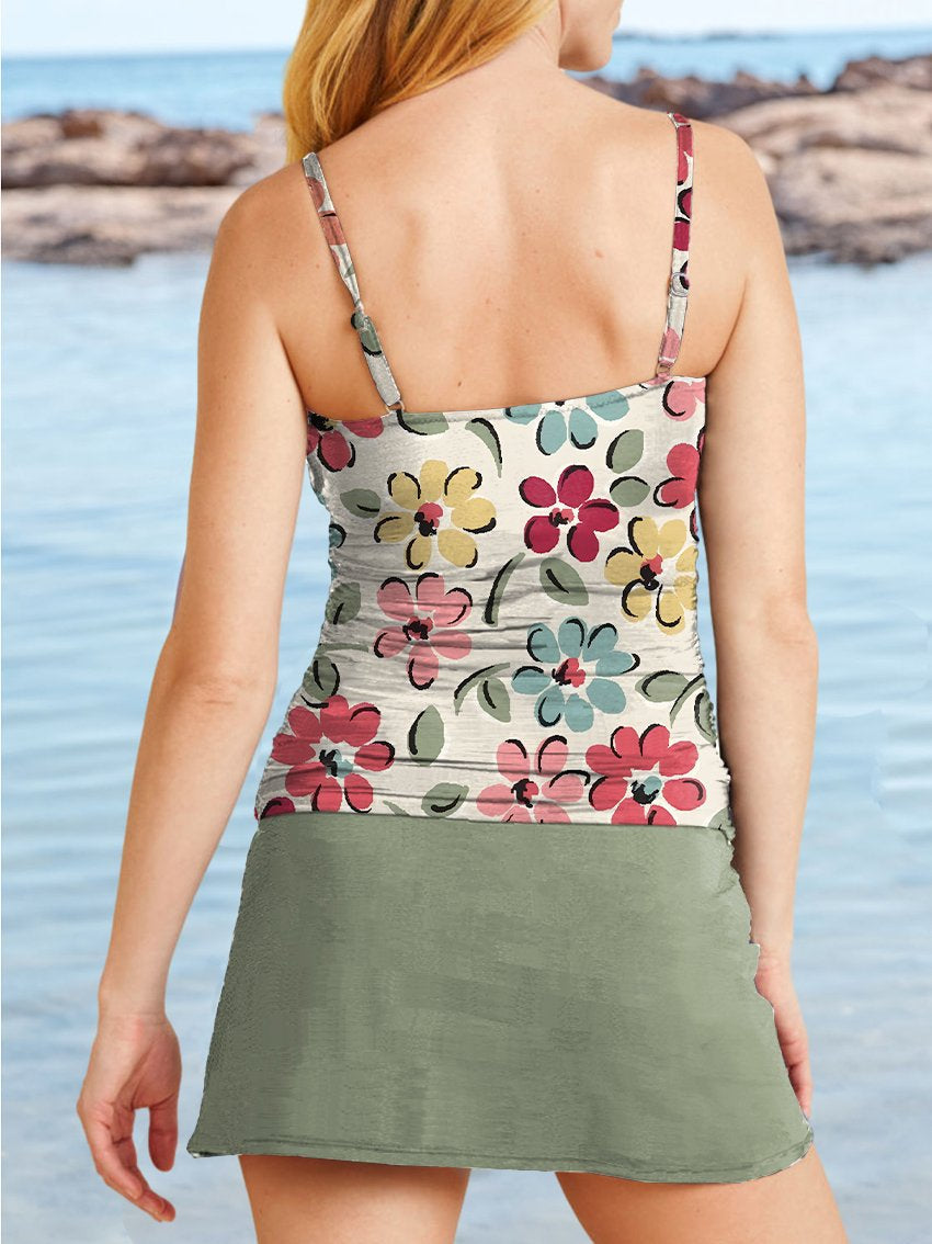 Maillot de bain à imprimé floral multicolore à col en V avec jupe à bretelles et pantalon tankini