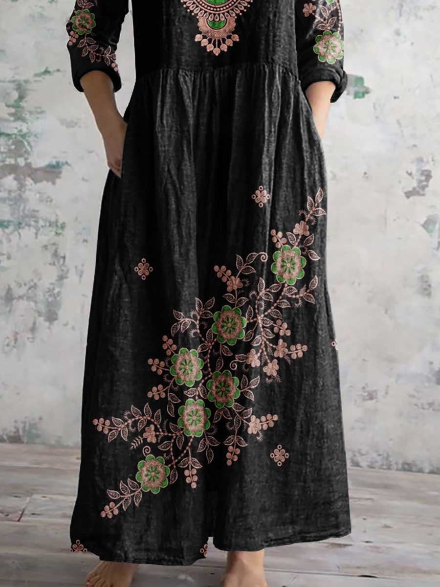 Robe à col en V et à motifs floraux pour femme avec poches