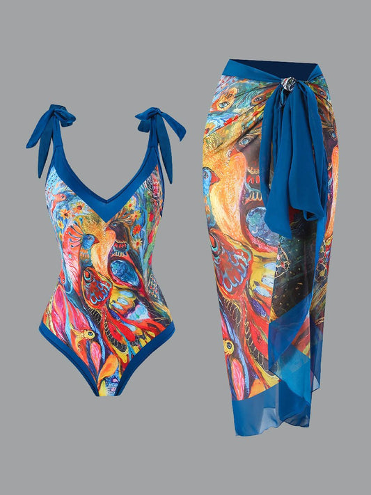 Jupe longue en mousseline de soie à imprimé rétro pour maillot de bain pour femme