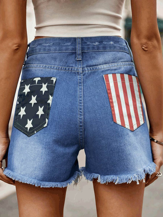 Short en jean délavé imprimé drapeau américain pour femme