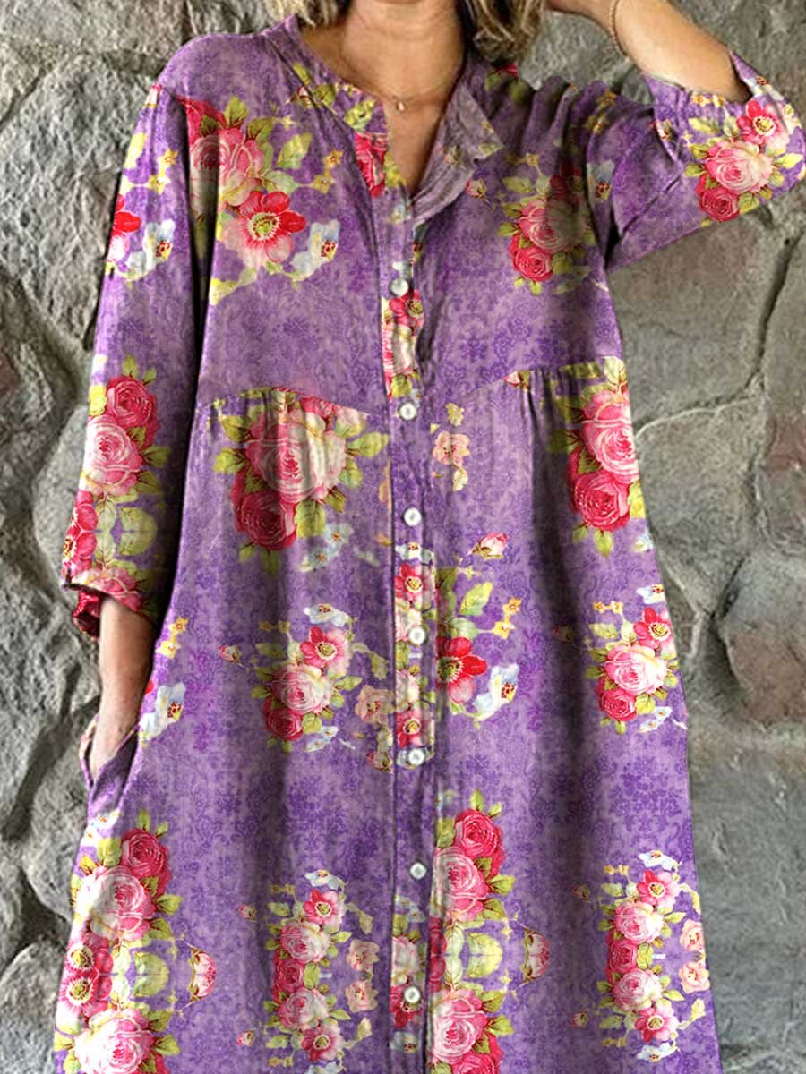 Robe chemise simple et élégante en coton et lin à imprimé floral rose pour femme