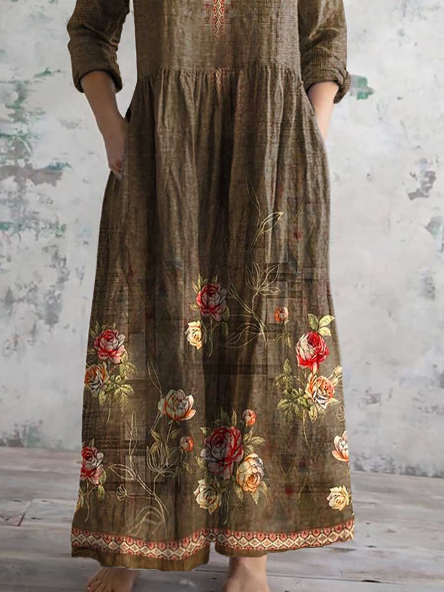 Women's Vintage Floral Print Casual Cotton Dress