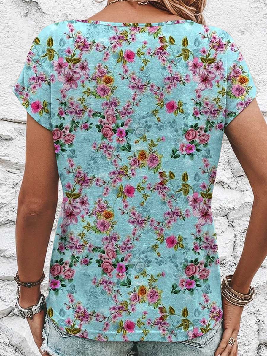 T-shirt en coton à manches courtes et col rond avec imprimé floral pour femme