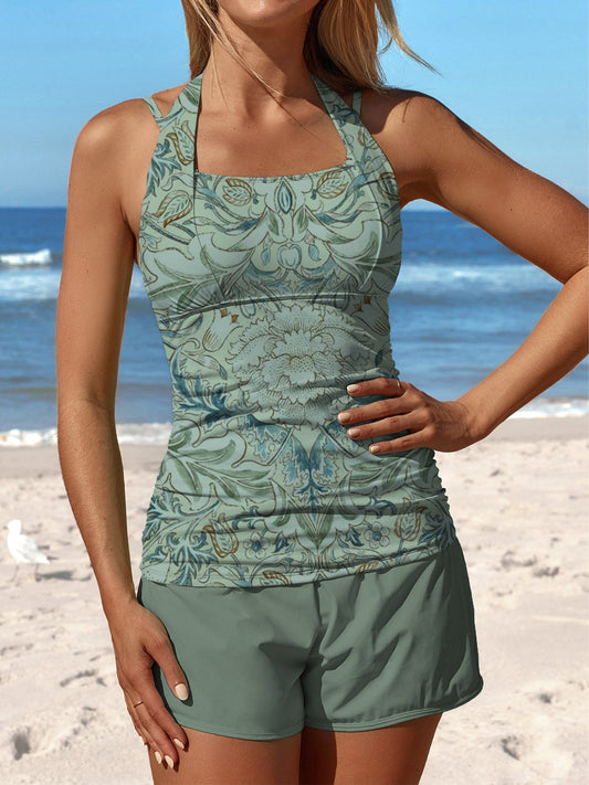 Maillot de bain et slip à motif rétro à fleurs symétriques vert clair