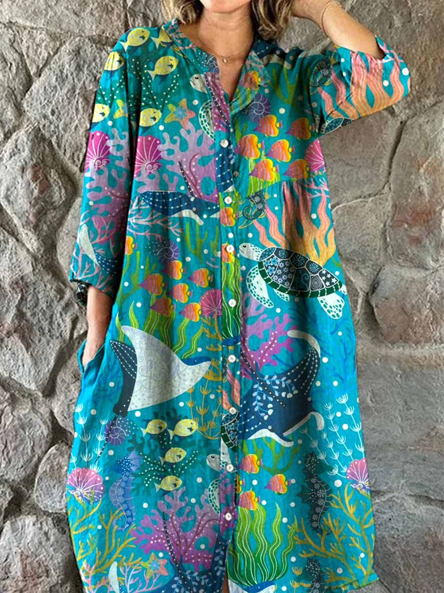 Robe en coton et lin pour femme, motif Underwater World, style resort