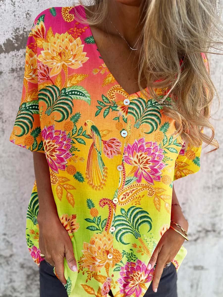 Haut élégant en coton et lin à motif floral dégradé arc-en-ciel vintage pour femme