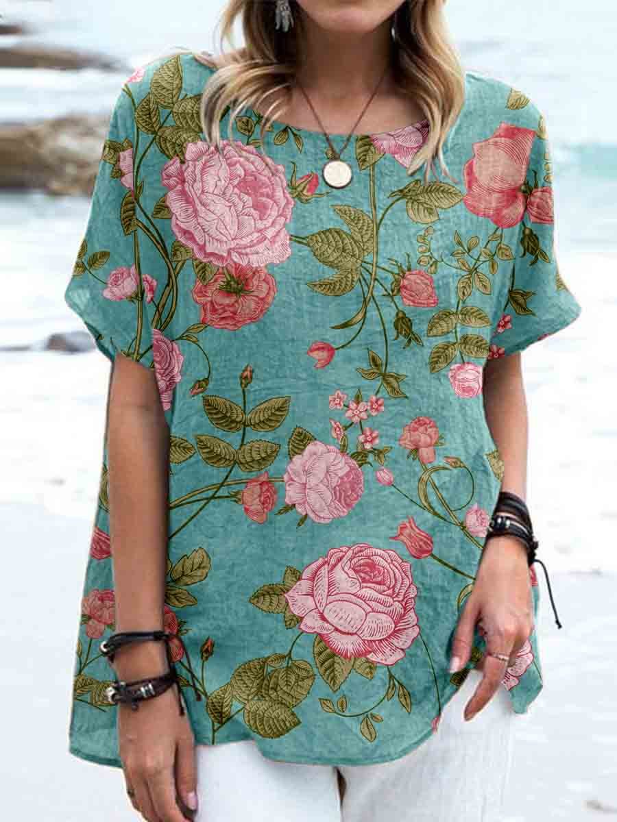Haut élégant en lin à imprimé floral rose vintage pour femme