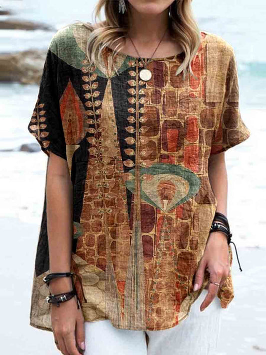 Haut en lin imprimé à motifs géométriques rétro pour femme