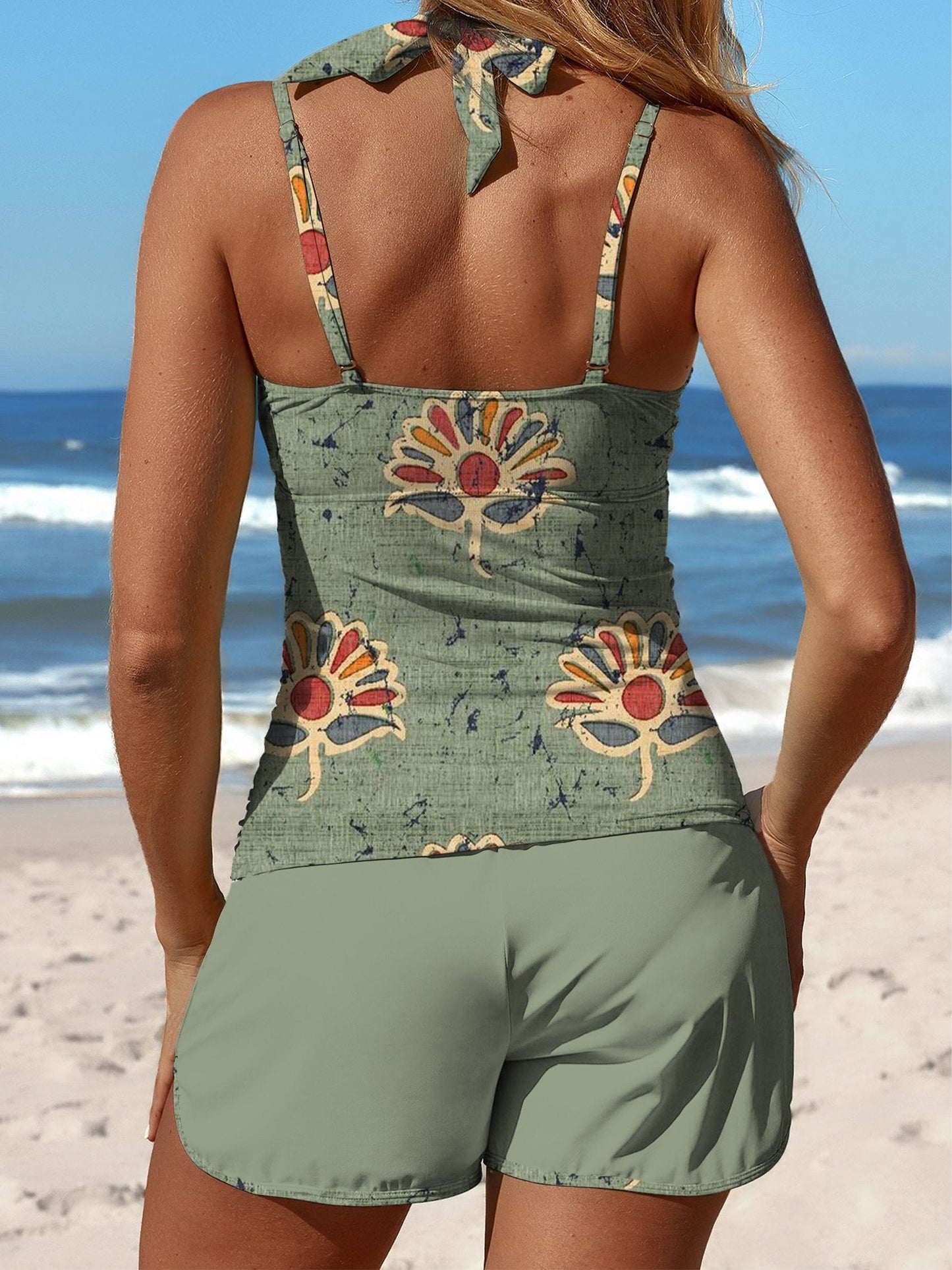 Maillot de bain tankini taille moyenne à imprimé floral vert rétro