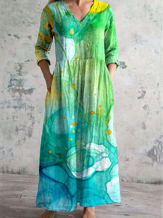 Robe en coton et lin à col en V pour femme avec poches