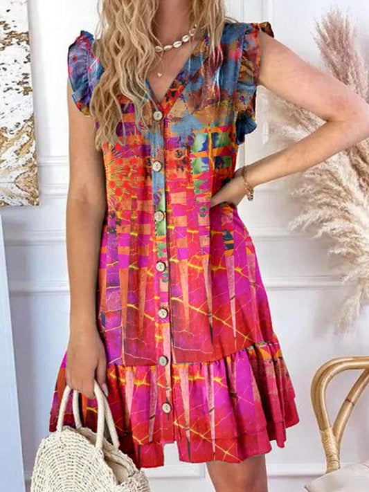 Robe en coton et lin à motif géométrique rétro pour femme avec manches à volants et ourlet