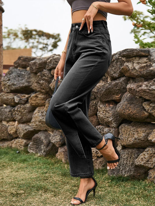 Jean taille mi-haute fendu à effet usé pour femme