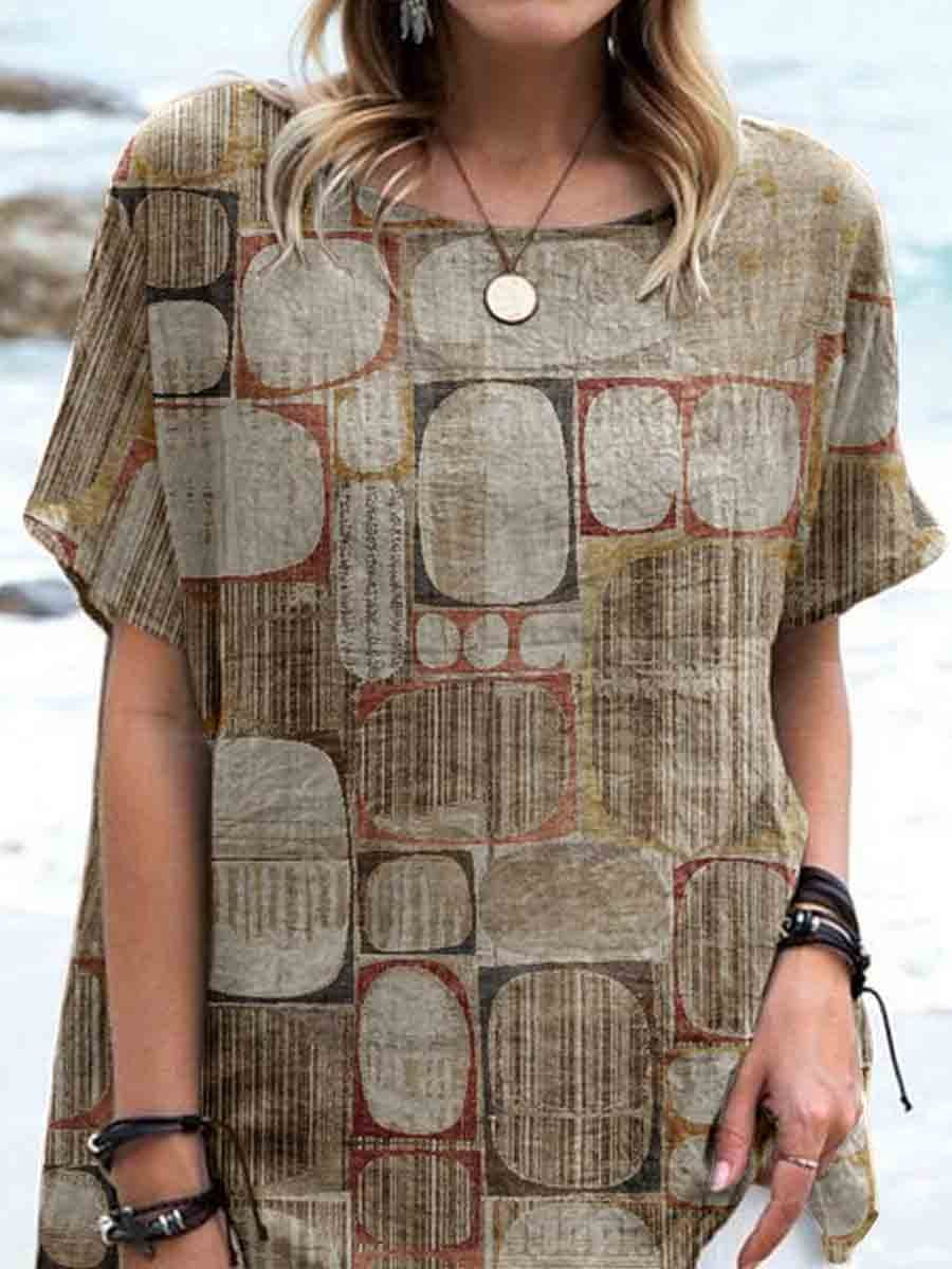 Haut en lin imprimé à motifs géométriques rétro pour femme