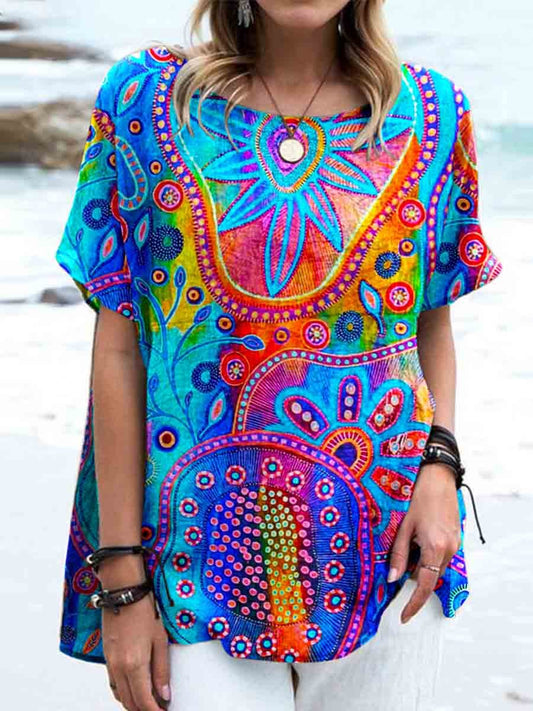 Haut en lin à motif géométrique coloré artistique pour femme