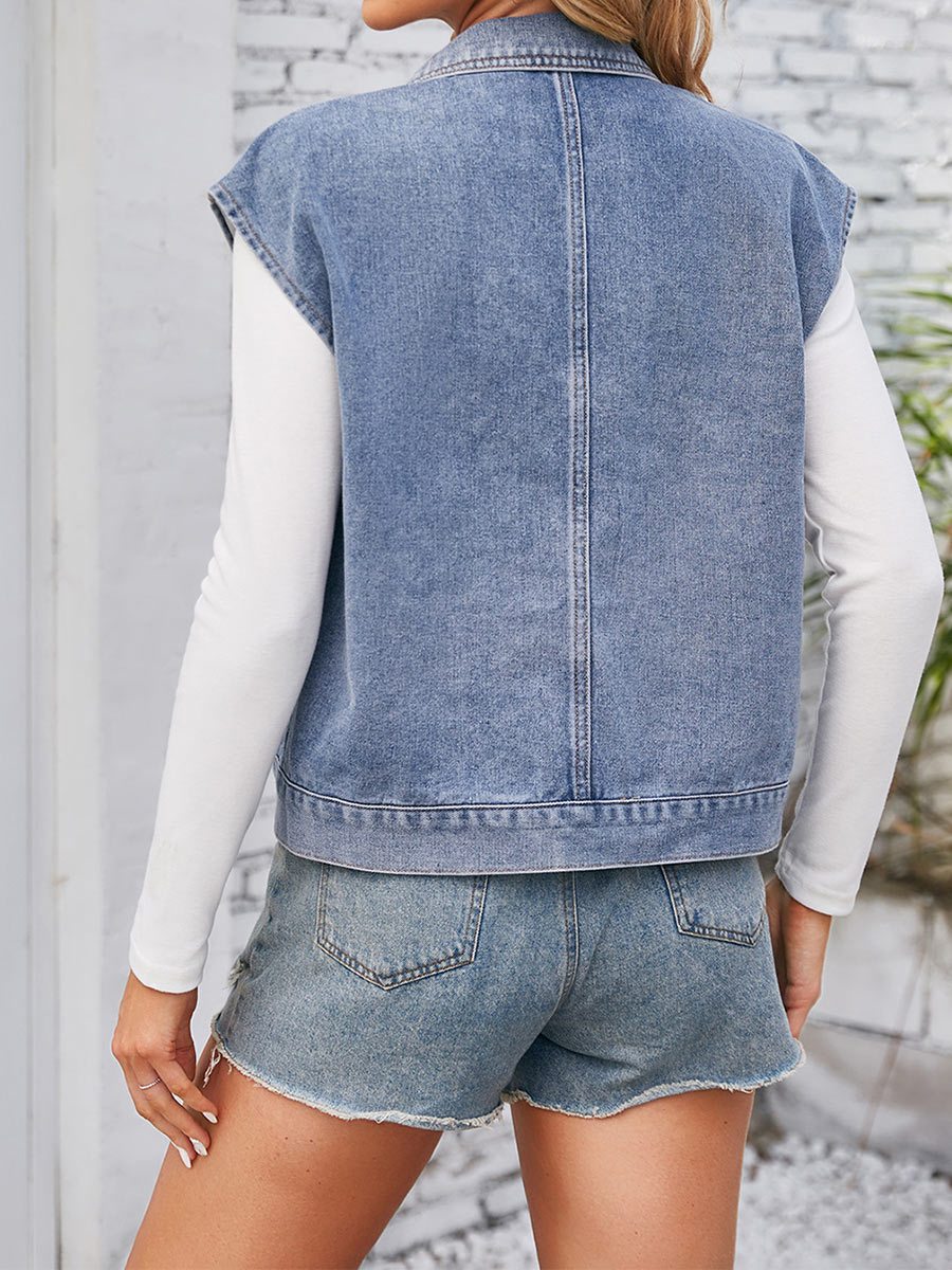 Gilet slim délavé en denim rétro pour femme