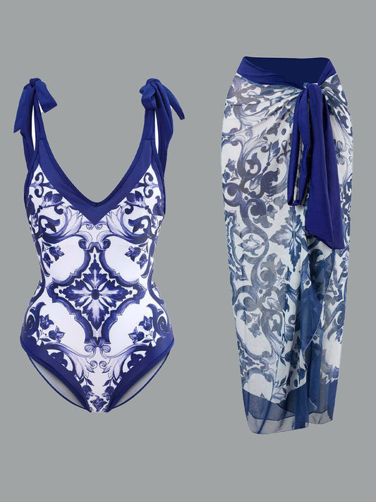 Jupe longue en mousseline de soie à imprimé rétro pour maillot de bain pour femme