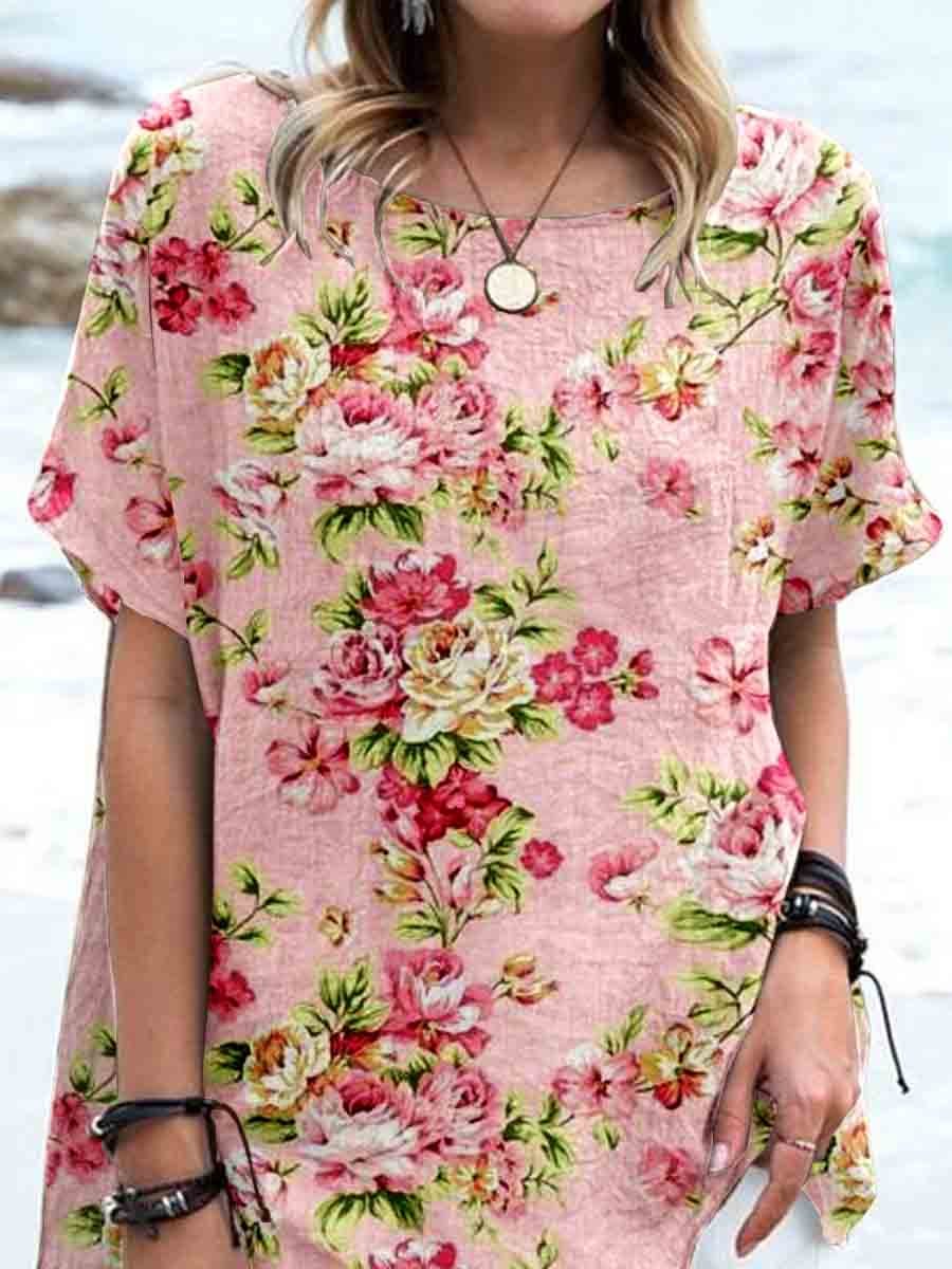 Haut élégant en lin à imprimé floral rose vintage pour femme