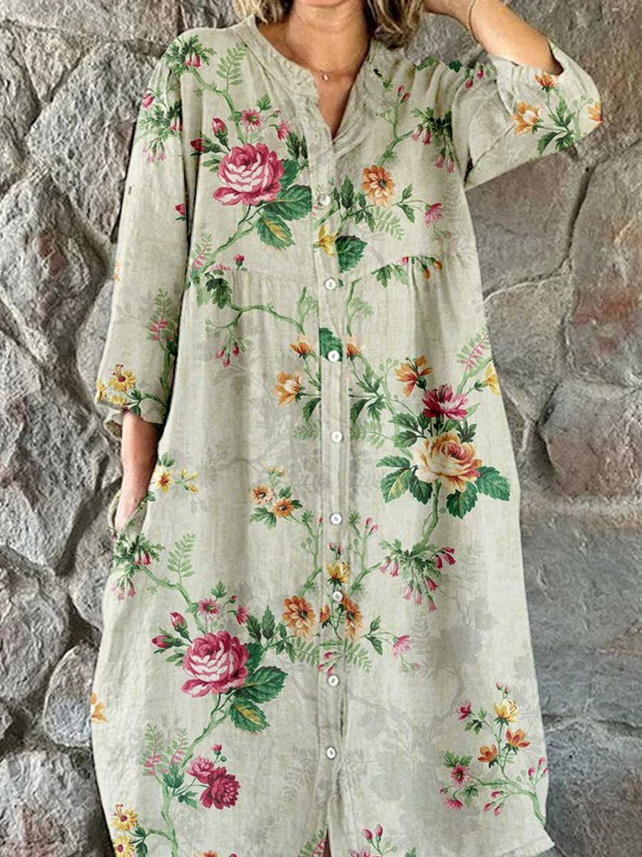 Robe chemise élégante en coton et lin à motif floral rose pour femme