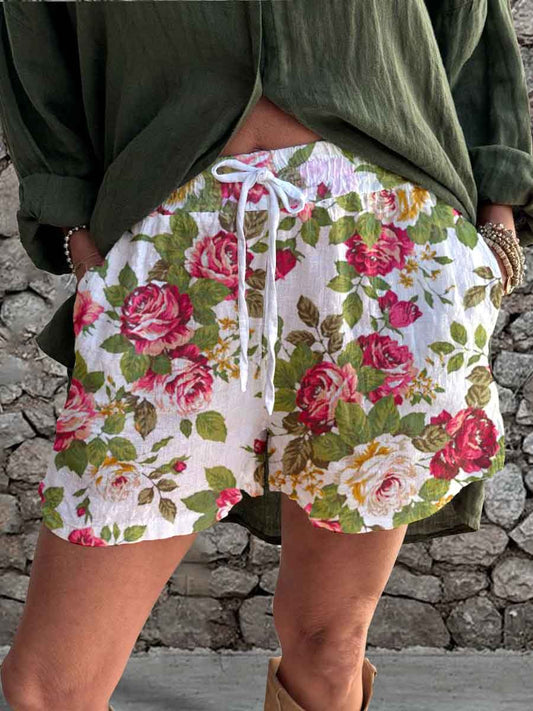 Short d'été élégant à bretelles en lin à motif floral rose pour femme