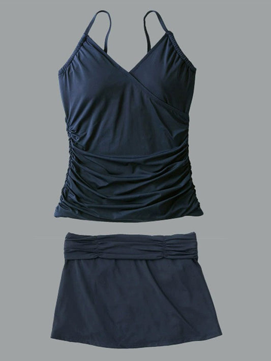 Maillot de bain tankini à col en V et jupe à bretelles de couleur unie pour femme