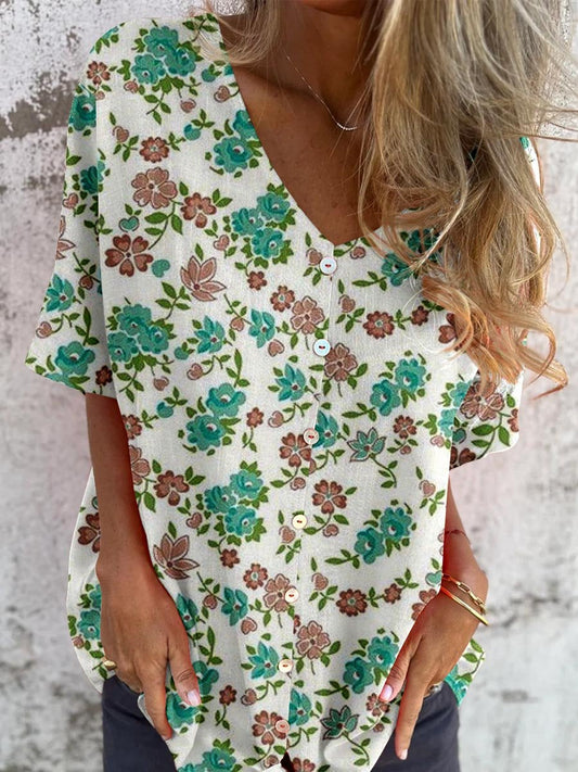 Cardigan élégant à col en V et motif floral simple pour femme en coton et lin