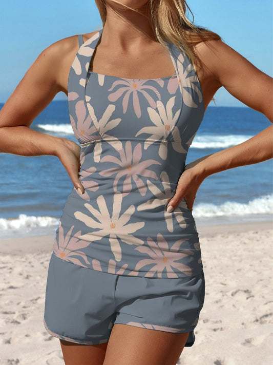 Maillot de bain tankini taille moyenne à imprimé floral et patchwork à licou et short gris et bleu