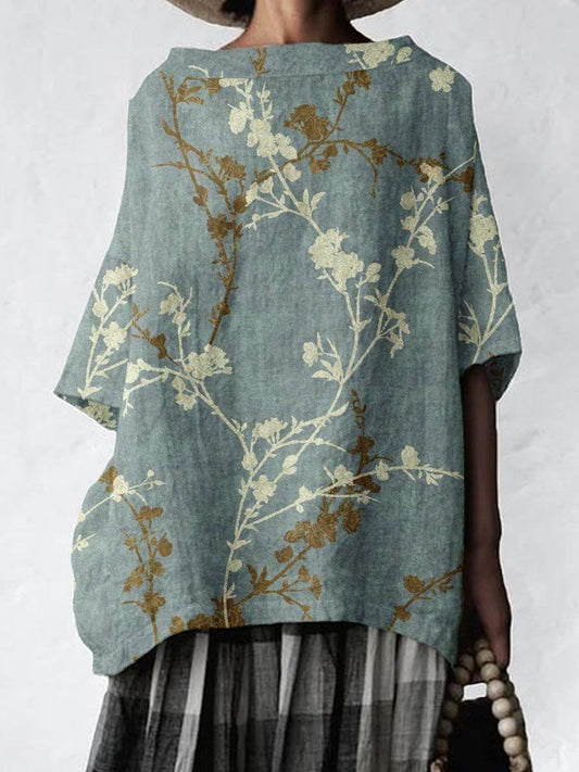 Haut élégant en coton et lin à motif floral vintage pour femme