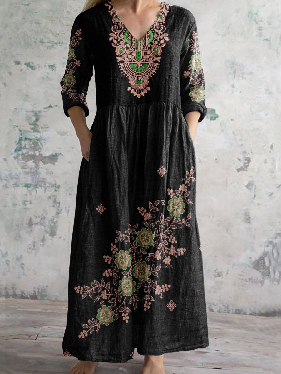 Robe à col en V et à motifs floraux pour femme avec poches