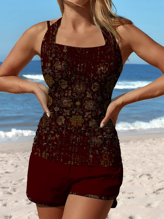 Maillot de bain tankini taille moyenne à imprimé vintage rouge foncé et patchwork