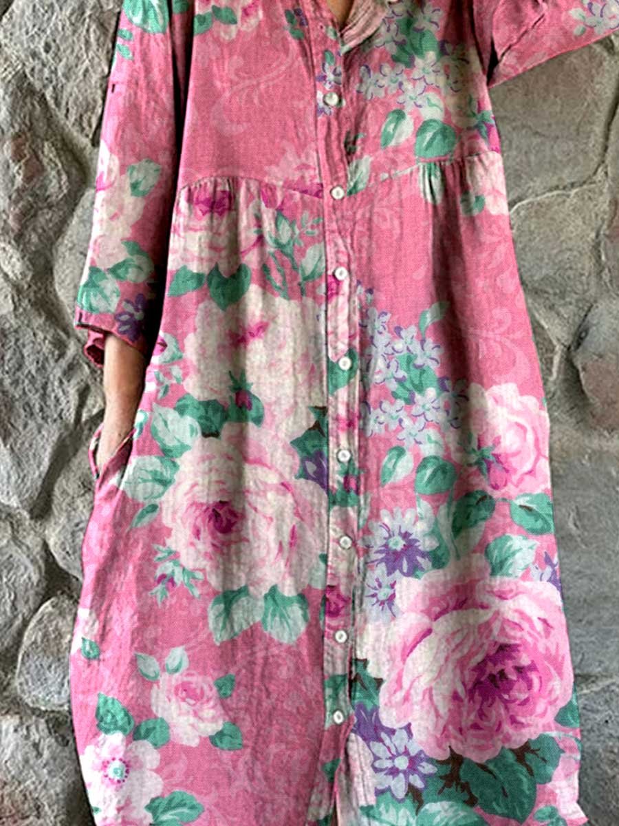 Robe chemise simple et élégante en coton et lin à imprimé floral rose pour femme