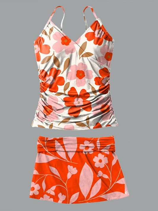 Maillot de bain tankini plissé à imprimé floral rétro à col en V et fleurs orange